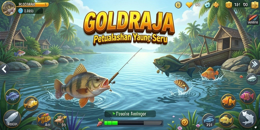 Screenshot gameplay <strong>GOLDRAJA</strong> menampilkan aksi memancing yang seru dan lokasi indah.