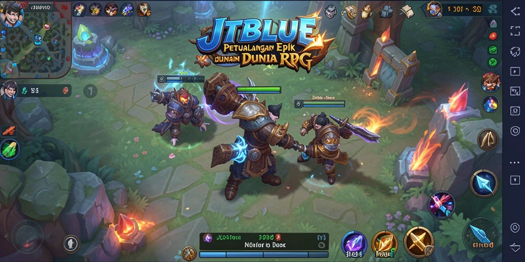 Tangkapan layar gameplay RPG JTBLUE dengan pertarungan yang seru.