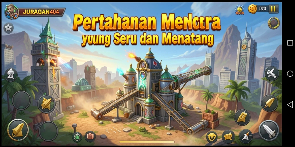 Tampilan gameplay JURAGAN404 dengan menara strategis dan aksi seru.