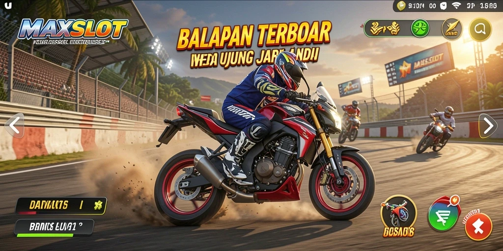 Screenshot gameplay MAXSLOT menunjukkan balapan motor yang mendebarkan.