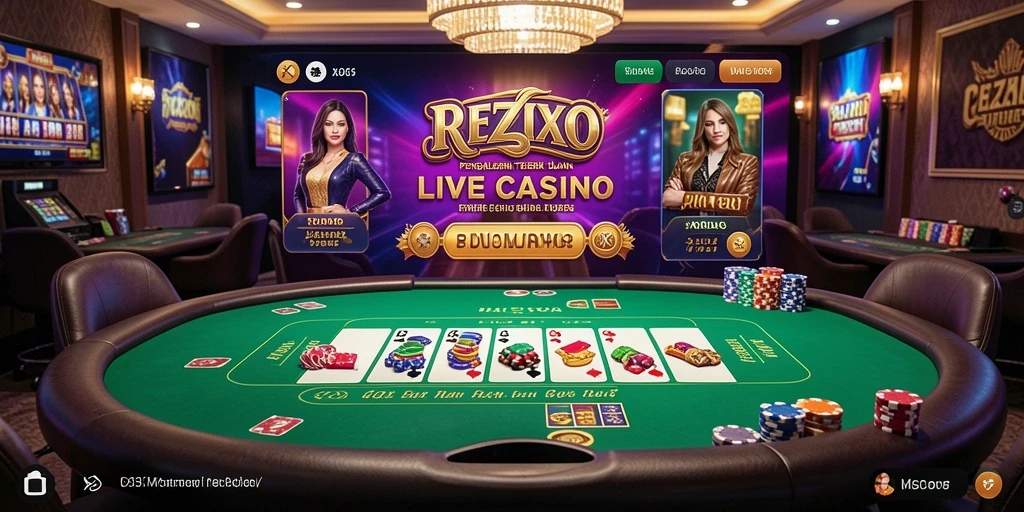 Screenshot gameplay REZIXO menampilkan dealer langsung yang berinteraksi dengan pemain.