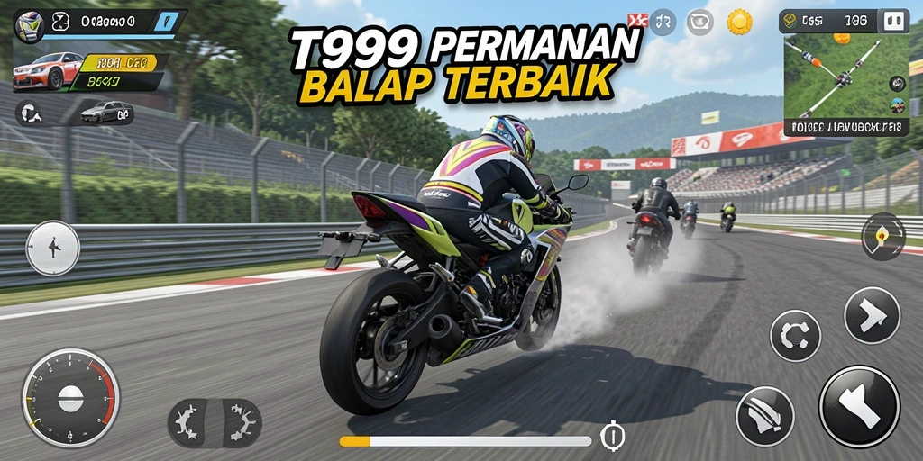 Tangkapan layar game T9999 menampilkan balapan motor yang intens.