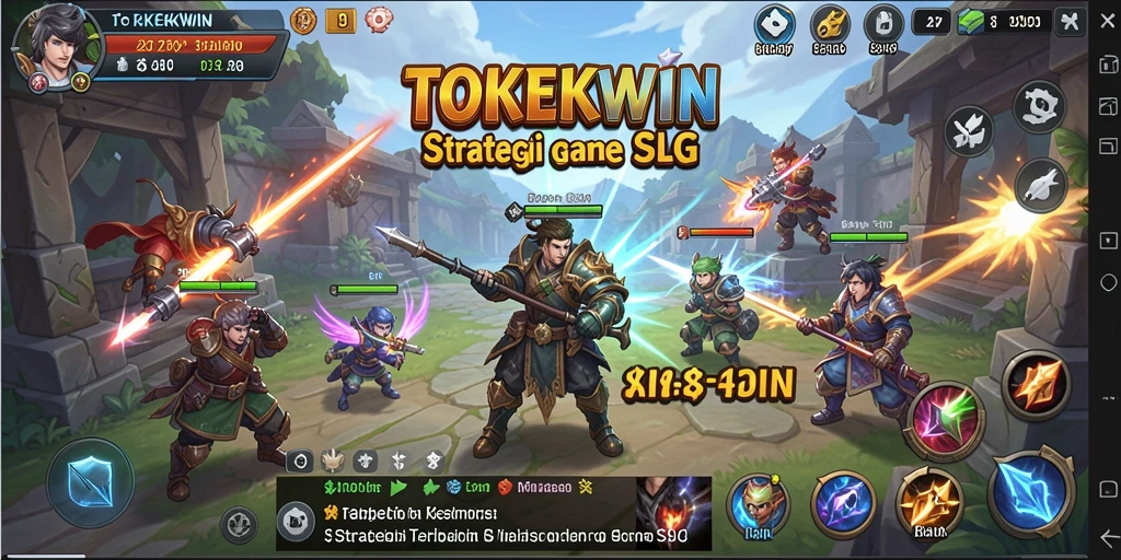 Screenshot dari gameplay seru di TOKEKWIN yang menunjukkan peperangan dan pembangunan.